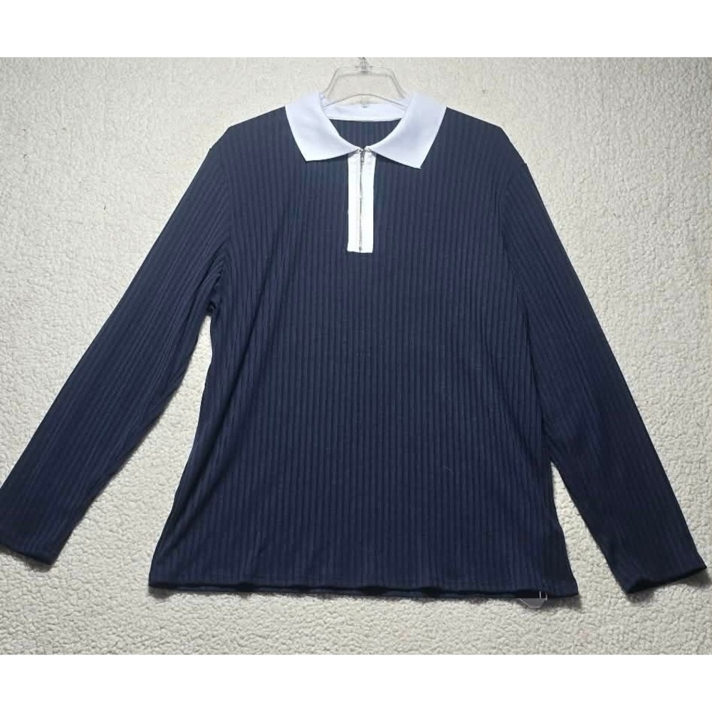 Ouku Navy Blue Ribbed Quarter Zip Polo Shirt Women XL Long Sleeve White Collar